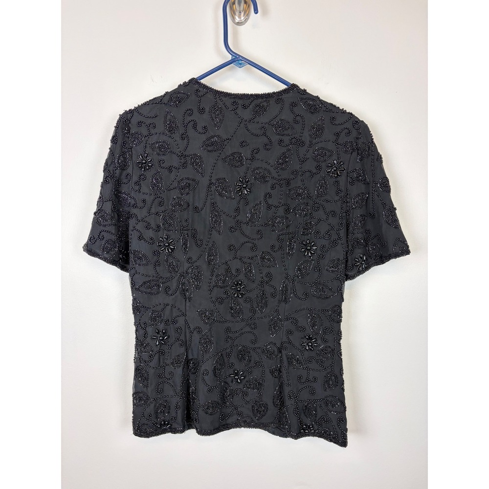 Stenay Beaded Silk Top Small Black Vintage Evening Floral Sequin 80s 90s Glam - Picture 6 of 9
